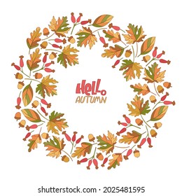 Autumn leaves, acorns, rose hips. Art. Frame border. Isolated vector object. Lettering - hello autumn. 