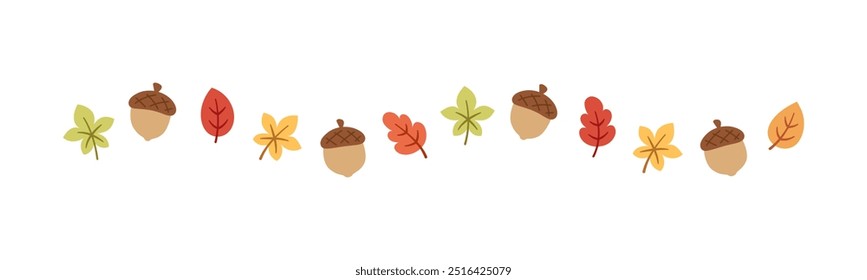 Autumn leaves and acorns separator border for Fall and Thanksgiving season. Vector isolated on white background.