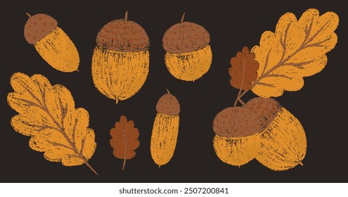 Herbstblätter und Eicheln. Herbst orange Kreide Zeichnungskollektion. Bleistifttextur freihändig kindische Elemente. Kreide strukturierte Kinder einzelne Vektorgrafik 