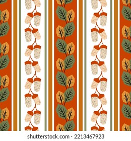 Autumn Leaves and Acorns Vector Seamless Vertical Stripe Pattern