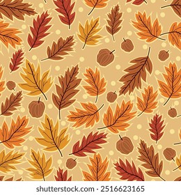 Autumn leaves and apples on a light beige background seamless pattern for printing on cards and wrapping paper