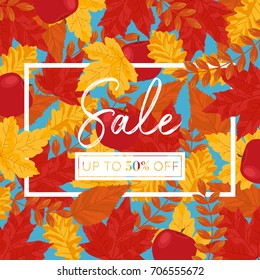 Autumn Leaves and Apples Vector Square Sale Banner - Blue background