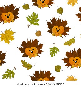 Autumn leaves and application of a hedgehog from autumn leaves. Seamless patterns