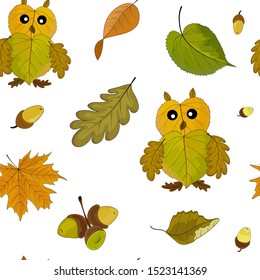 Autumn leaves and application of an owl from autumn leaves. Seamless pattern