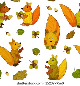 Autumn leaves and application of squirrels from autumn leaves. Seamless patterns