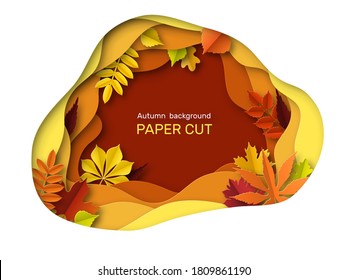 Autumn leaves background. Autumnal orange, brown and yellow paper leaf, art seasonal floral botanical poster or greeting origami card, fall sale banner with shadow vector concept with copy space