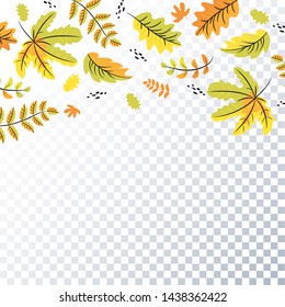Autumn leaves background, backdrop. Leaf fall pattern and template on transparent background. Perfect for web design, lettering, advertising, print. 1-01