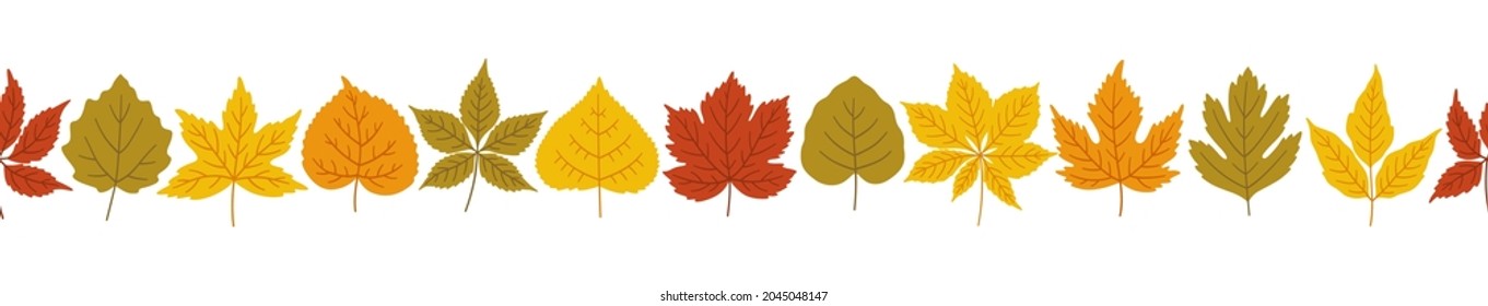 Autumn leaves background, banner template. Fall foliage of maple, linden, poplar, horse chestnut, virginia creeper, hawthorn in red, orange, yellow, green colors. Seamless ornament vector illustration