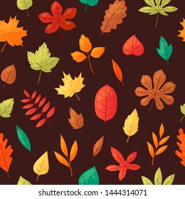 Autumn leaves background banner vector illustration. Green, red, orange, brown and yellow falling leaves. Colorful maple, chestnut and oak foliage. October season. Natural design.