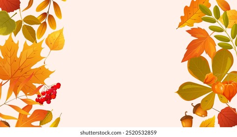 Autumn leaves background with cartoon fall leaves, berries, pine cones, physalis plant etc.