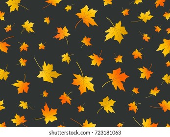Autumn leaves. Background with fall maple leaves. Flying foliage on dark background. Autumn vector design 