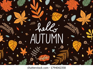 Autumn leaves background. Fall. Vector illustration with hand drawn leaf and lettering. Isolated on the dark.