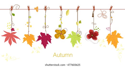  Autumn leaves background with hanging leaf vector illustration