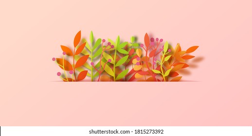 Autumn leaves background in paper cut style. Vector 3d illustration of different color leaf, with realistic shadow. Cut out of cardboards elements, decoration of autumn holiday on pink background