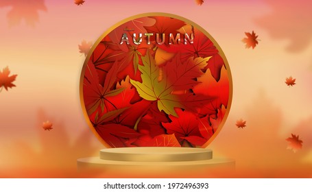 Autumn leaves background with Podium Display Cylinder Stand in Studio Room with Maples Leaves on Wall,Vector 3D Showcase in yellow and orange.Backdrop banner Product Presentation for fall season sale 