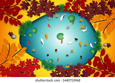 Autumn leaves background with pond and craft or Koi fishes. 