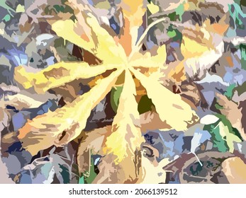 Autumn leaves background for prints or textiles. Golden dry chestnut leaf, swollen grass for creative compositions, fabric products, wallpaper, covers, backgrounds and textures