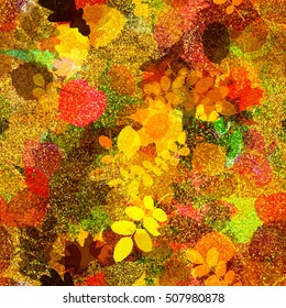 Autumn leaves background. Seamless floral pattern. The foliage of oak, maple, birch. Mix random