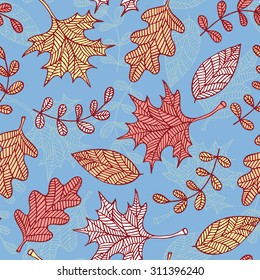Autumn leaves background. Seamless pattern. Colorful vector illustration.