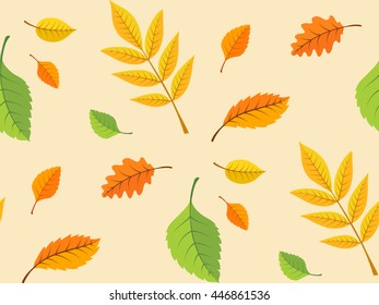 Autumn leaves background. Seamless pattern of bright colored leaves. Vector illustration.