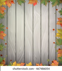 Autumn leaves background. seasonal  frame with natural wooden background

