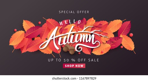 Autumn leaves background. Seasonal lettering.vector illustration