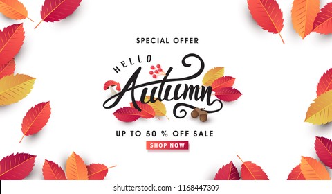 Autumn leaves background. Seasonal lettering.vector illustration