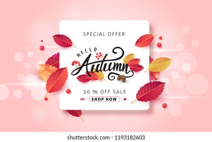 Autumn leaves background. Seasonal lettering.vector illustration.Promotion sale banner of autumn season.