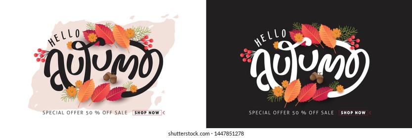Autumn leaves background. Seasonal lettering.vector illustration.Promotion sale banner of autumn season.leaf fall decorations.