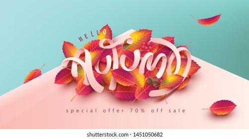 Autumn leaves background. Seasonal lettering.vector illustration.Promotion sale banner of autumn season.