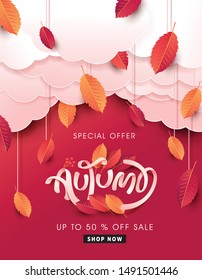 Autumn leaves background. Seasonal lettering.vector illustration.Promotion sale banner of autumn season.