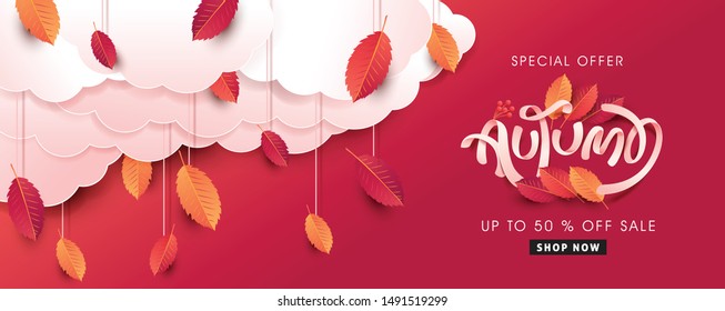Autumn leaves background. Seasonal lettering.vector illustration.Promotion sale banner of autumn season.