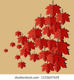 Autumn leaves background template with maple leaf red color on light brown background.