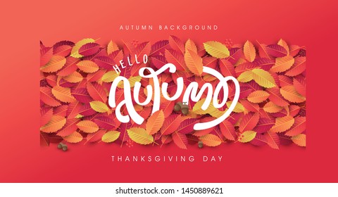 Autumn leaves background. thanksgiving day vector illustration. autumn lettering.