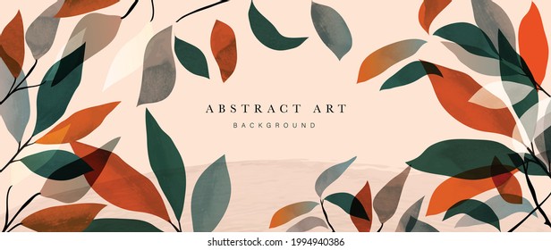 Autumn leaves background vector. Earth tone watercolor botanical background design for wall framed prints, wall art, invitation, canvas prints, poster, home decor, cover, wallpaper.	