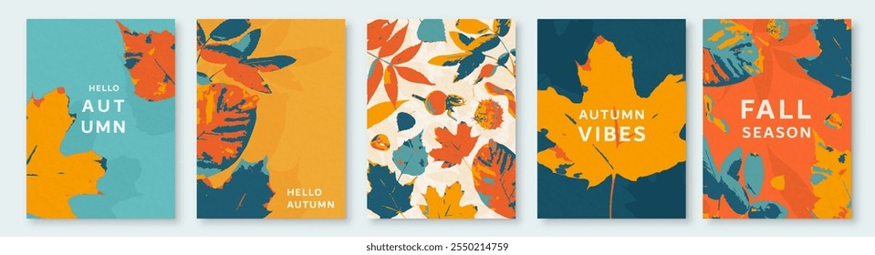 Autumn leaves background vector illustration. Creative fall design template with leaf foliage and retro textured effect for advertising, social media post, holiday invitation.