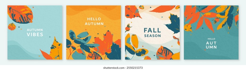 Ilustración vectorial de fondo de hojas de otoño. Plantilla creativa de diseño de otoño con follaje de hojas y efecto retro texturizado para publicidad, publicación en redes sociales, invitación de vacaciones. Forma cuadrada.