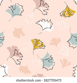Autumn leaves background. Vector seamless pattern with leaf silhouettes. Elegant abstract ornament texture in pastel colors, yellow, blue, white, beige. Repeated design for decor, wallpapers, textile