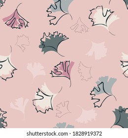 Autumn leaves background. Vector seamless pattern with leaf silhouettes. Elegant abstract ornament texture in pastel colors, pink, white, green. Repeat design for decoration, wallpaper, print, textile
