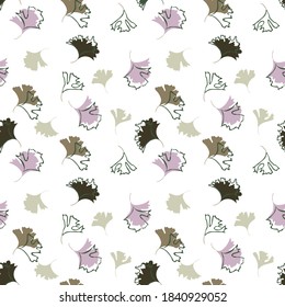 Der Herbst hinterlässt Hintergrund. Vektornahtloses Muster mit kleinen bunten Blattsilhouetten. Elegante abstrakte Ornament-Textur in Pastellfarben, weiß, grün, rosa. Cute-Wiederholungsdesign für Druck, Wallpaper