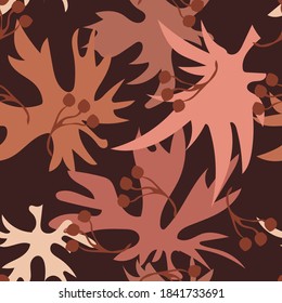 Autumn leaves background. Vector seamless pattern with colorful leaf silhouettes. Elegant abstract ornament texture in pastel colors, brown tones. Doodle style illustration. Repeat design for decor