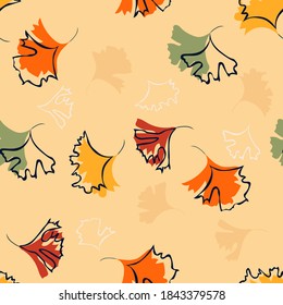 Autumn leaves background. Vector seamless pattern with colorful leaf silhouettes. Elegant abstract ornament texture in pastel colors, yellow, green, orange, red. Repeat design for decor, print, fabric