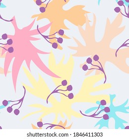 Der Herbst hinterlässt Hintergrund. Vektornahtloses Muster mit bunten Blättersilhouetten, Beeren. Moderne abstrakte Ornament-Textur in hellen Pastellfarben. Aquarellfarben, doodle Illustration. Design wiederholen