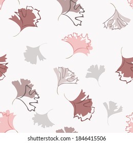 Autumn leaves background. Vector seamless pattern with leaf silhouettes. Elegant abstract ornament texture in pastel colors, pink, brown, white, gray, beige. Repeat design for decor, wallpaper, print