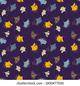 Autumn leaves background. Vector seamless pattern with small colorful leaf silhouettes. Elegant abstract ornament texture in purple, yellow, brown and blue color. Stylish repeat design for wallpapers