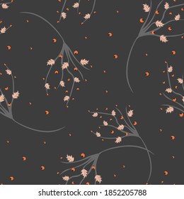 Der Herbst hinterlässt Hintergrund. Vektornahtloses Muster mit Blattsilhouetten, Ästen, Punkten. Elegante abstrakte Ornament-Textur in dunklen Farben. Doodle-Stil-Illustration. Wiederholen Sie Design für Dekoration, Umhüllung