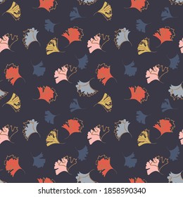 El otoño deja el fondo. Patrón vectorial sin fisuras con pequeñas siluetas coloridas. Elegante textura ornamenta abstracta en color azul, rosa, naranja, amarillo. Repetir el diseño para papeles pintados, textiles