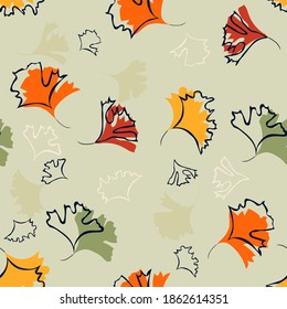Autumn leaves background. Vector seamless pattern with colorful leaf silhouettes. Elegant abstract ornament texture in pastel colors, yellow, green, orange, red. Repeat tileable design for print, wrap