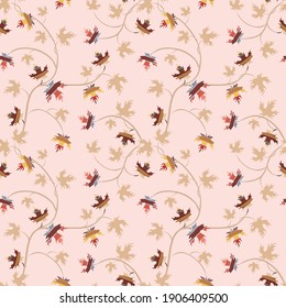 El otoño deja el fondo. Patrón vectorial sin fisuras con siluetas de hojas de arce. Textura ornamenta abstracta y elegante en colores pastel. Arte dibujado a mano. Diseño repetido para la decoración, papel pintado, impresión