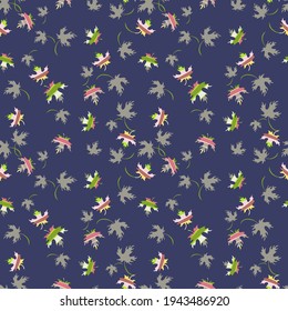 Autumn leaves background. Vector seamless pattern with colorful maple leaf silhouettes on blue backdrop. Elegant abstract texture. Hand drawn art. Stylish repeat design for print, decor, wrap, textile